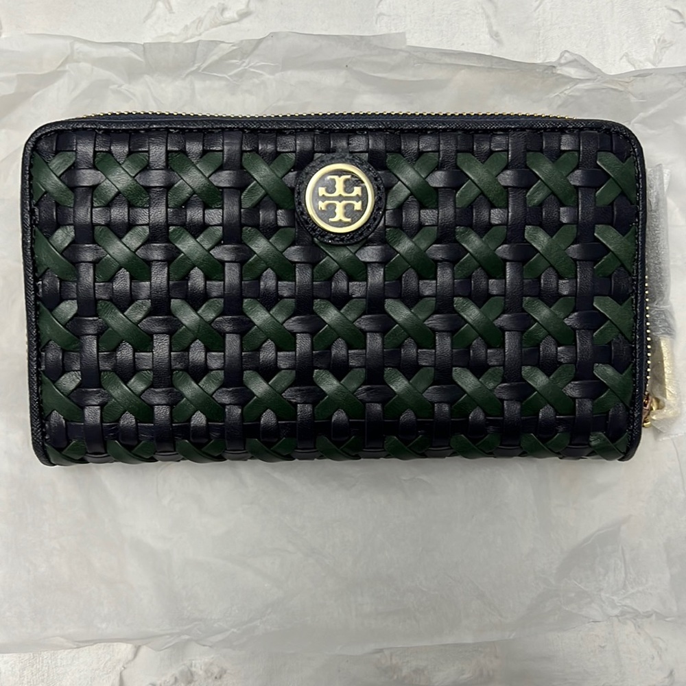 Tory Burch Robinson Wallet Weave Navy/Green